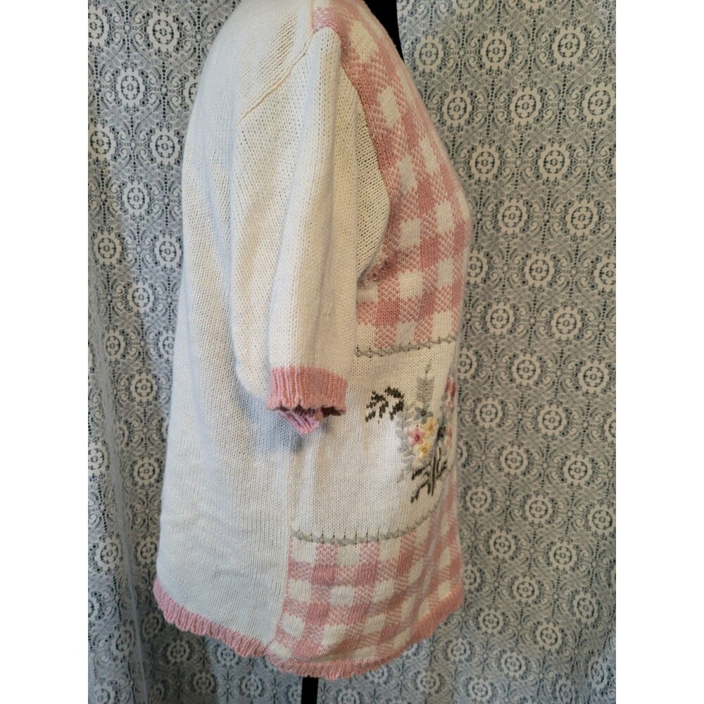 Vintage 90s Knit & Pearl Collectibles Patchwork Sweater Large Cotton Ramie Pink - Picture 8 of 16